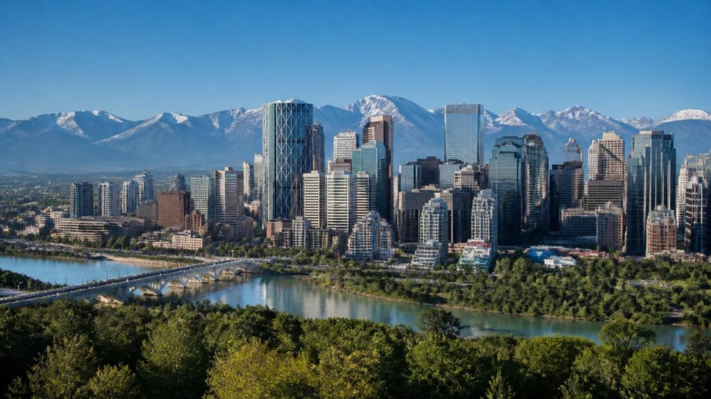 Calgary silüeti ve Rocky Dağları