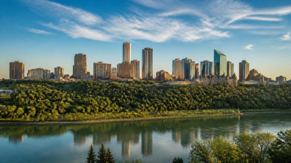 Edmonton silüeti ve North Saskatchewan Nehri