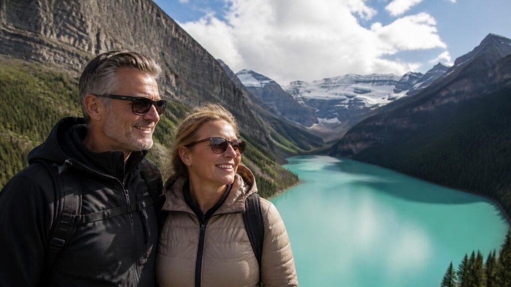 Lake Louise manzarasında gülümseyen çift