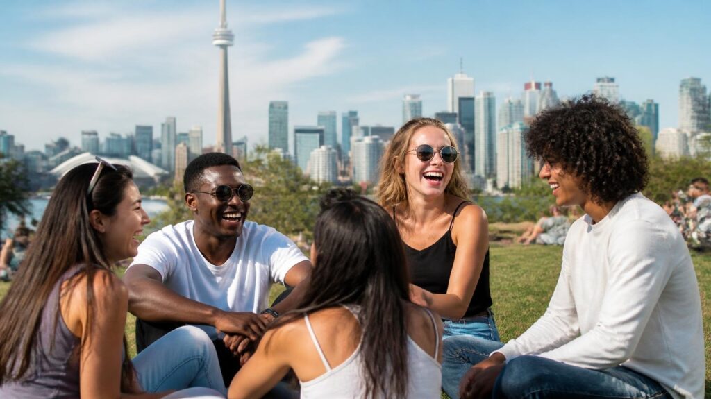 Toronto'da parkta gülen arkadaşlar